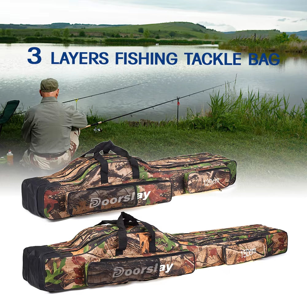 Doorslay 3 Layers Fishing Bag Portable Folding Fishing Rod Reel Bag Fishing Tackle Carry Bag Case Travel Storage Bag