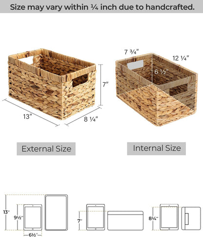 Wicker Storage Baskets for Shelves, Shelf Basket with Handles, Woven Bathroom Organizer, Natural Water Hyacinth, 2-Pack