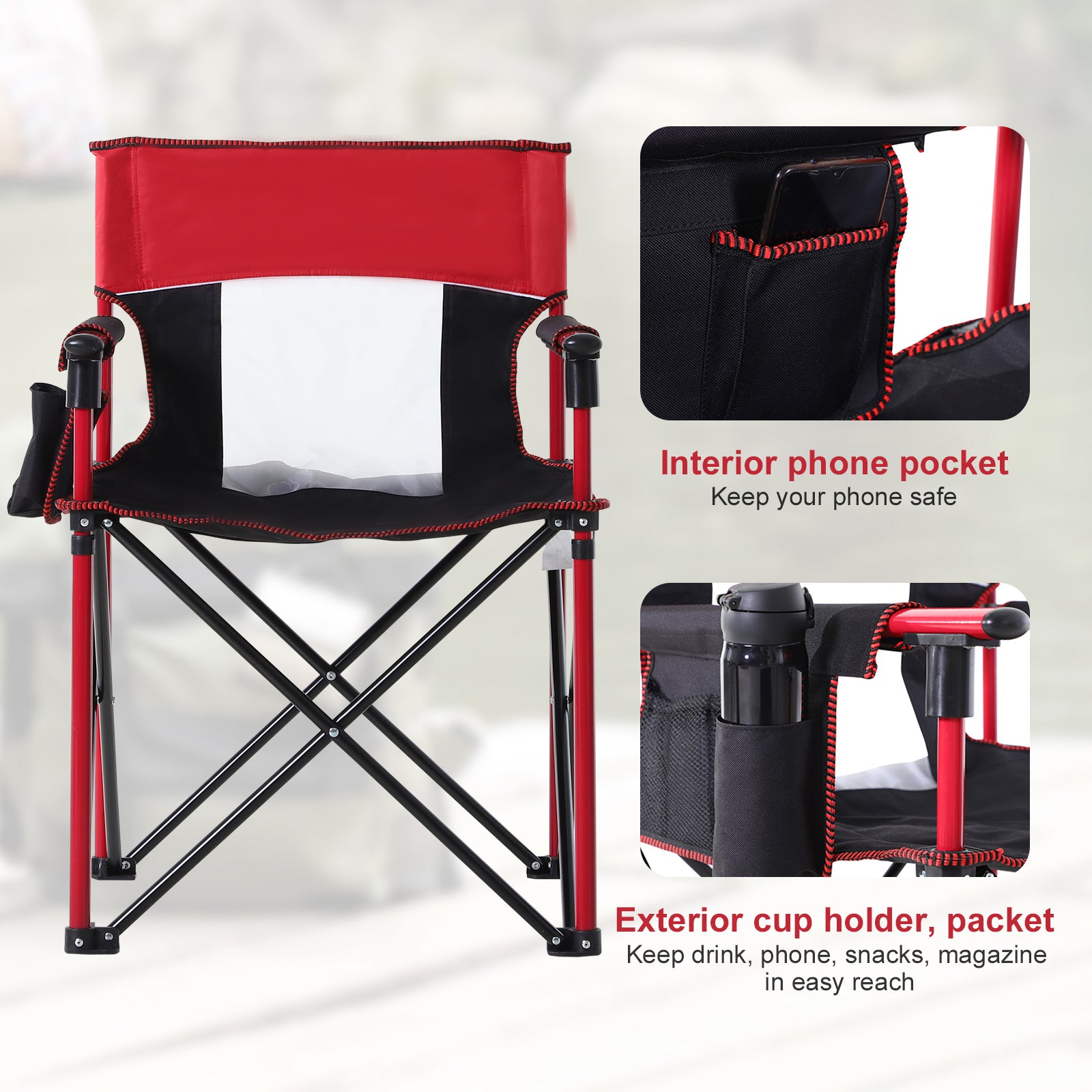 Outdoor Folding Camping Fishing Chair W/ Cup Holder, Phone Pocket, Backrest