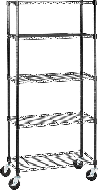 5-Shelf Medium Storage Unit on 4-Inch Casters with Height Adjustable Shelves and Levelling Feet - 680Kg Max Weight, Black, 76.2 Cm D X 35.6 Cm W X 164.5 Cm H