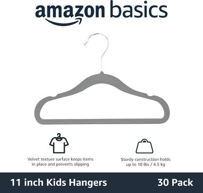 Kids Velvet, Non-Slip Clothes Hangers for Infant and Toddler, 11.6 Inches, Pack of 30, Grey