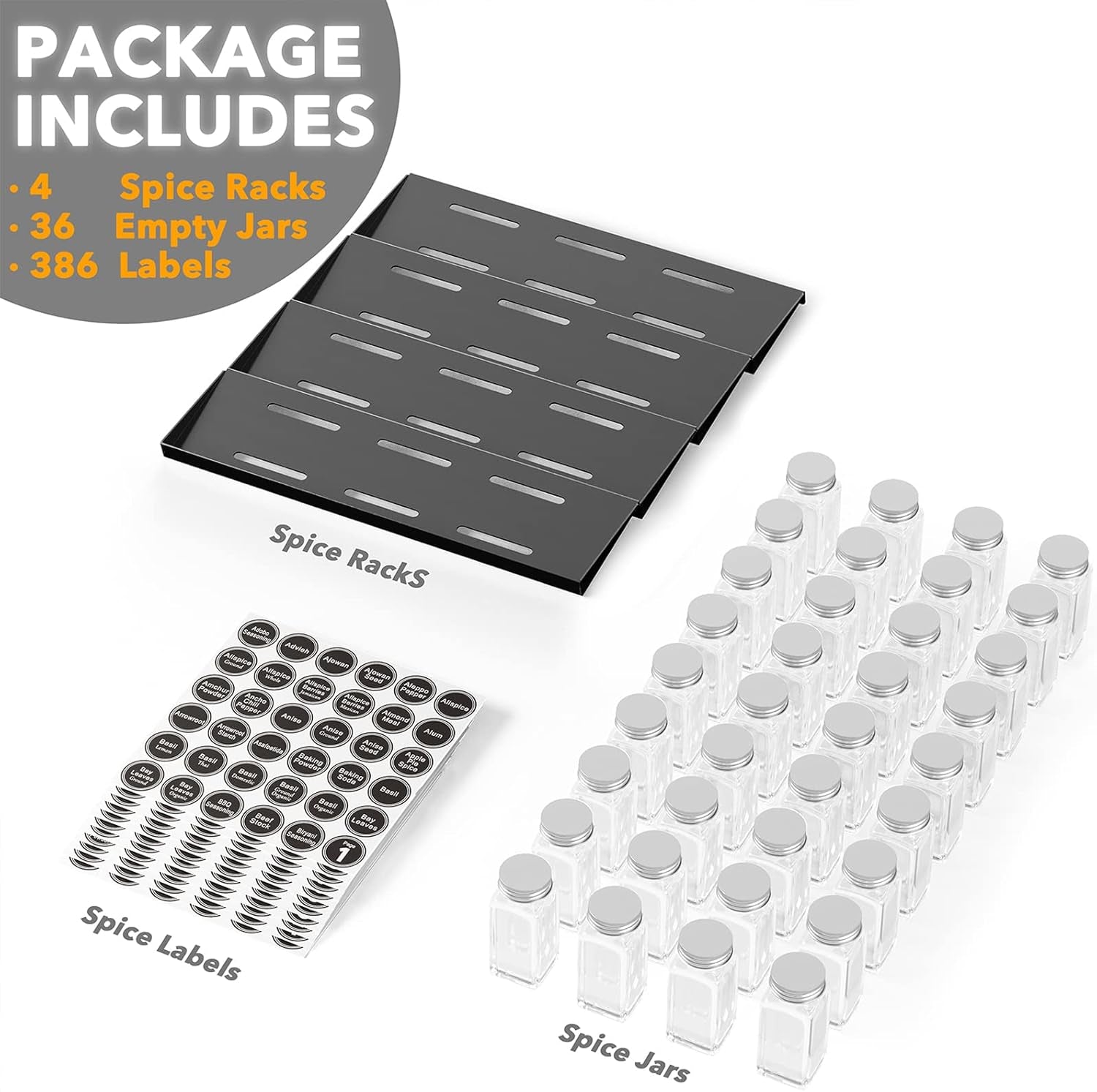 Spice Drawer Organizer with 36 Spice Jars, 386 Spice Labels, 4 Tier Seasoning Rack Tray Insert for Kitchen Drawers, 16.75" Wide X 17.5" Deep