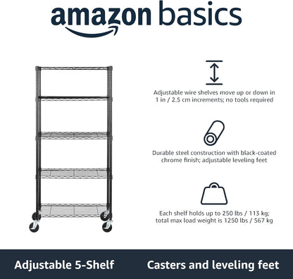 5-Shelf Medium Storage Unit on 4-Inch Casters with Height Adjustable Shelves and Levelling Feet - 680Kg Max Weight, Black, 76.2 Cm D X 35.6 Cm W X 164.5 Cm H
