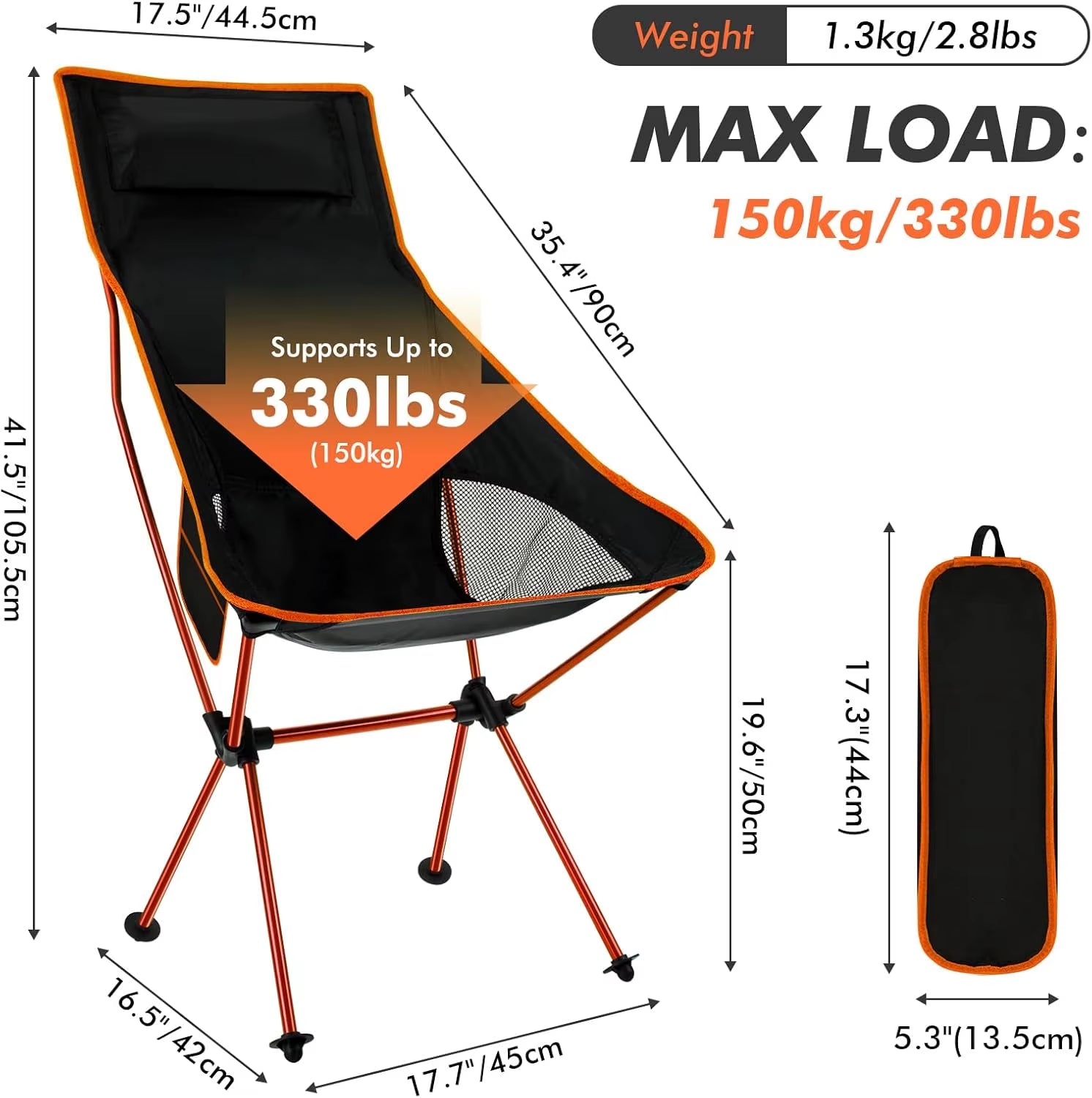 Lightweight High Back Folding Camping Chairs Portable Headrest High Back Carry Bag Camping Fishing Hiking Picnic Outdoor Orange