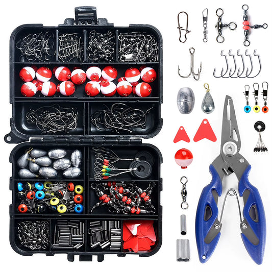 263Pcs Fishing Accessories Set with Tackle Box Including Plier Jig Hooks Sinker Weight Swivels Snaps Sinker Slides