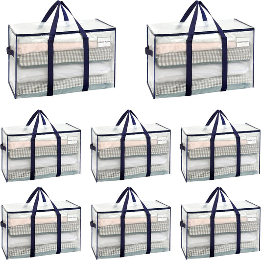 8 Pack Extra Large Moving Storage Bags with Zips, Heavy-Duty Organizer Tote, Moving Box Alternative, Packing Supply, Clothes Storage Bin, Tag Pocket for Label, Water-Resistant (Clear, 8 Pack)